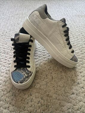 P448 White Croc-Embossed Sneakers with Snake-Print Toe and Black Laces